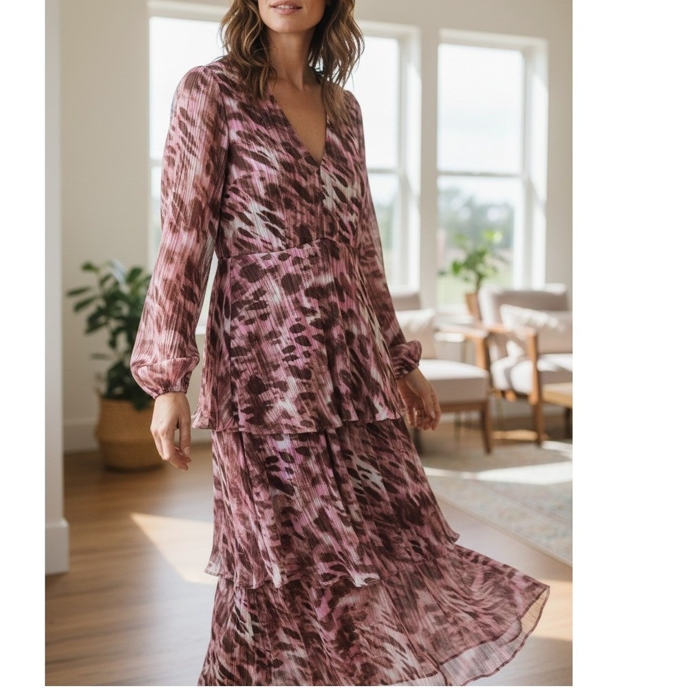 Rachel Rachel Roy Mauve Animal Print Metallic Tiered Maxi Dress Size 4 Lined